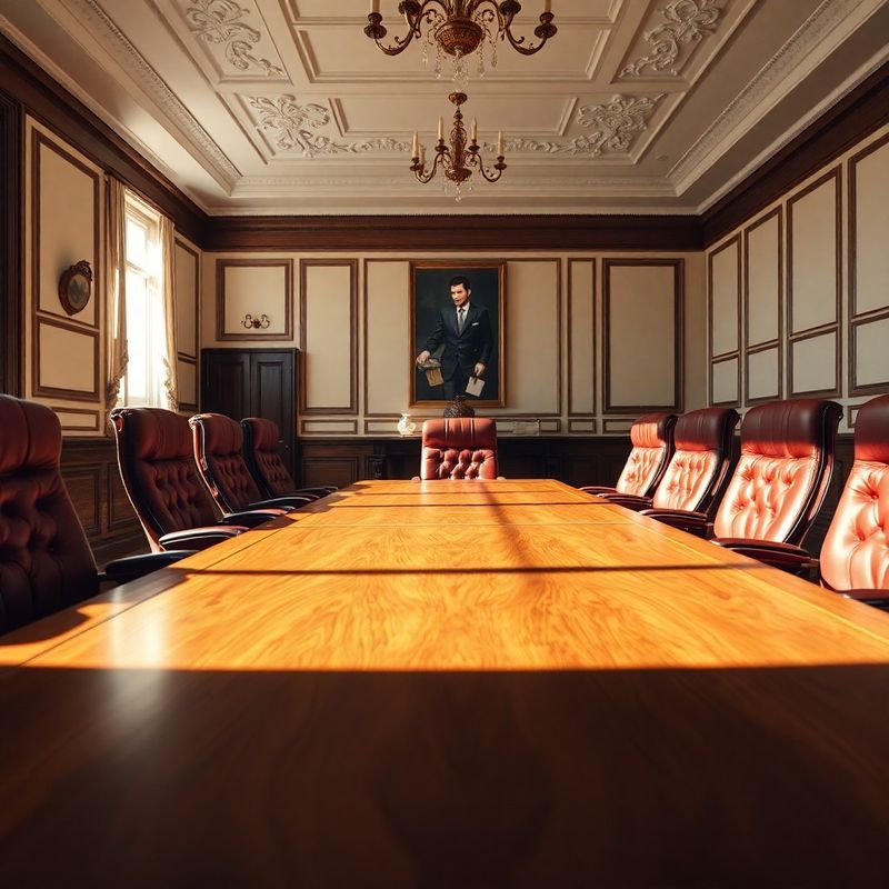 Editorial interior of a Central European boardroom with cream walls and burgundy leather chairs