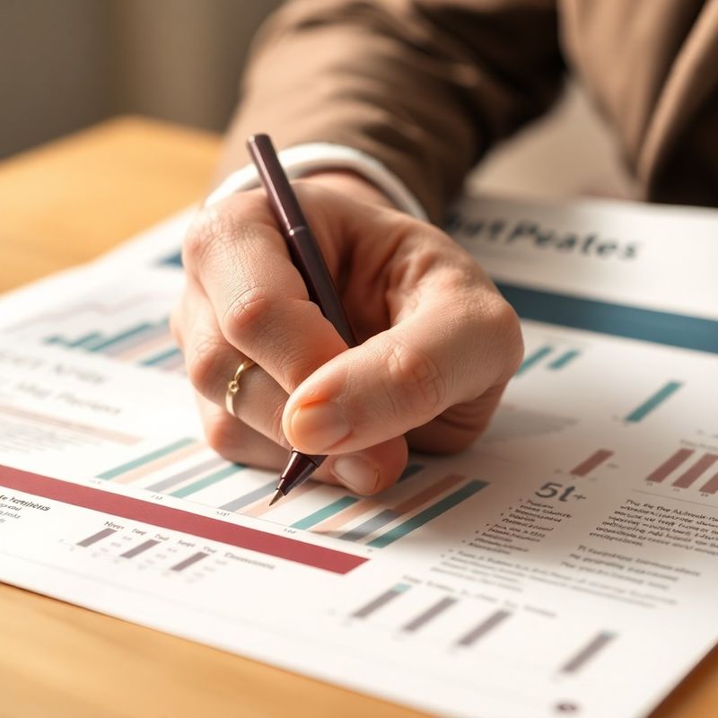Close-up of a consultant's hand marking up a sector analysis report with a burgundy fine-liner
