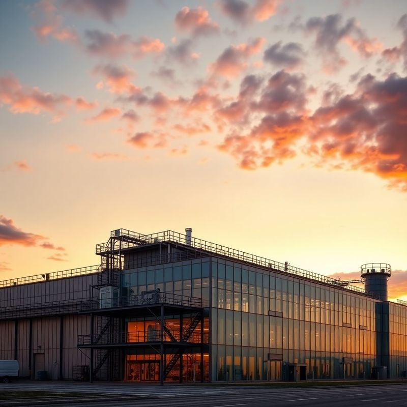Editorial exterior of a Central European industrial facility at dusk