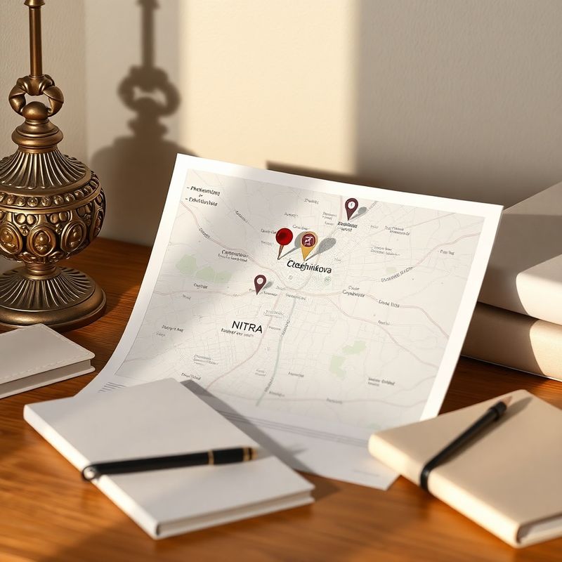 Printed city map of Nitra with a burgundy pin marking Stefanikova street